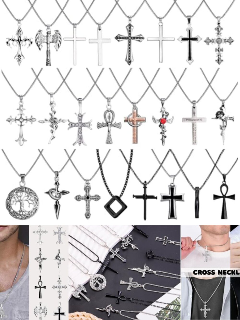 Mens Stainless Steel Cross Necklace Set 12 Pc 16-20 in